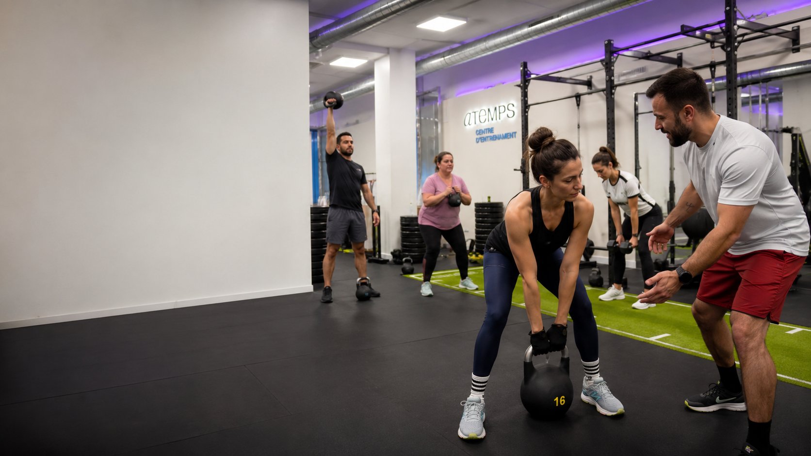 Grupo reducido entrenando con kettlebells en aTEMPS, con el entrenador corrigiendo la técnica